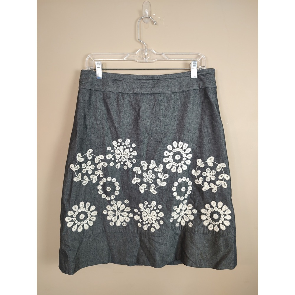 Ann Taylor Charcoal Gray Floral Embroidered A-Line Skirt Womens 8 Knee Length